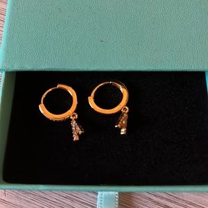 “A” dangle huggie earrings